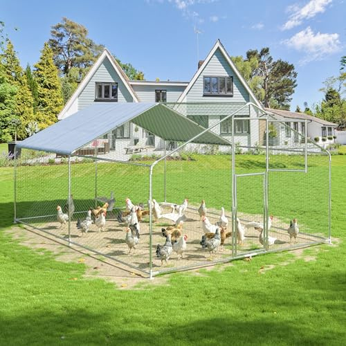 Polar Aurora Metal Chicken Coop, Large Outdoor Chicken Pen, Walk-in Chicken Run for 6-20 Chickens, Double Door Chicken House with Waterproof UV Protection Cover for Backyard (Spire-M)