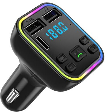 Bluetooth 5.0 FM Transmitter, Radio KFZ Adapter mit 2 Ports USB+Type C Schnellladen, Freisprecheinrichtung Car Kit, Bluetooth Auto Zigarettenanzünder Unterstützung USB Disk, TF Karte, MP3 Musik Player