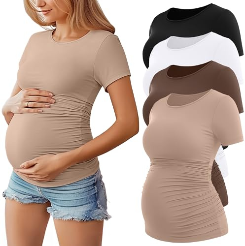 Huukeay 4 Pack Women's Maternity Shirts, Crew Neck Maternity Top Short Sleeve Casual Cotton Tee Side Ruched Pregnancy Clothes(Black, Khaki, Coffee, White,X-Large)