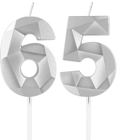 mciskin Silver 65th Birthday Candles, 65th Birthday Decorations for Women Men,3D Number 65 Candles for Cake,Silver Candle Cake Topper Decorations for Birthday Party Weddings Anniversary Supplies