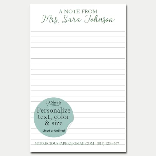 Precious Papers Personalized Notepad Custom Stationery Notepad, Choice of Ink Colors, Mens Notepad, Lined or Unlined Contact Information, Home Office Desk Writing Pad