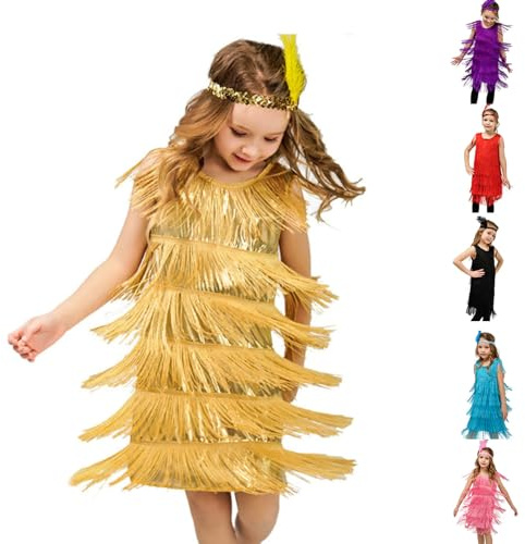 Genérico Vestido Baile de Lentejuelas Niñas Vestidos con Flecos para Niña Vestido de Tango con Borla Vestidos Salón de Baile Latin con Diadema de Plumas para Espectáculo de Escenario