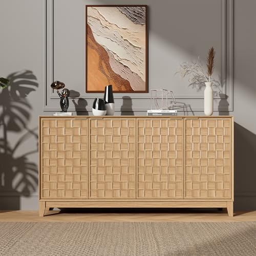 COLAMY Sideboard Cabinet, Wooden Sideboard Cabinet with 4 Doors, Textured Design, Adjustable Shelves, Soft Close Hinges, Durable Storage Cabinet Cupboard for Living Room Kitchen Hallway,Natural Wood