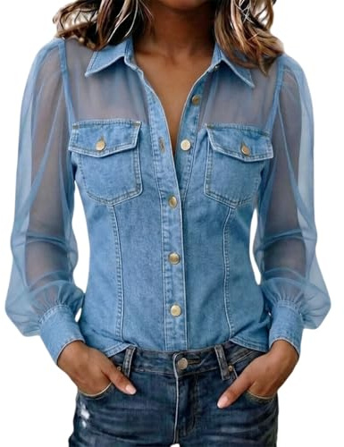 Denim Shirt Women Plus Size Sheer Puff Sleeve Button Down Shirt Regular Fit Denim Patchwork Blouse See-Through Chambray Shirts Elegant Cowboy Style Going Out Tops,Light Blue,L