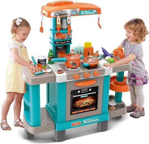 Kids Pretend Kitchen Role Play Set with Induction Hob, Sink, Coffee Maker, Toaster, Sounds and Lights Effects, Many Play Food & Pots, Utensils