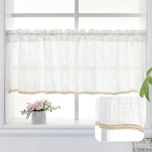 choicehot Voile-Scheibengardine-Landhausstil-Bistrogardine Halbtransparent Kurzgardine mit Kleiner Spitze Gardine Scheibengardine, Fensterschal für Küche Wohnzimmer Landhaus 60 x 145 cm,1 Stück