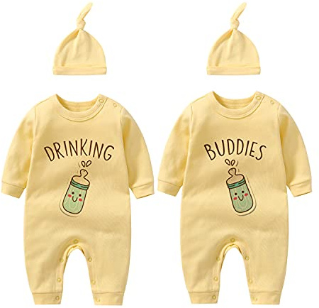 culbutomind Body Para Bebé Gemelos Amigos del vino y la carne Divertido Recién Nacido Ropa Niños Niñas Regalos Gemelo Manga Corta Con Sombrero(yellow DB 6m)