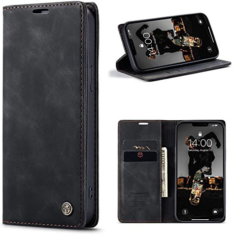 CaseMe Hülle für iPhone 5/5S/SE Vintage Dünne Handyhülle mit Kartenfach Geld Slot Ständer PU Ledertasche Flip Schutzhülle für iPhone 5/5S/SE- Schwarz