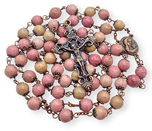 Nazareth Store Rosenkranz, natürliche rosafarbene Aventurin-Steinperlen, Halskette, Heiliger Boden Medaille & Kreuz, Kruzifix, katholische Rosenkranz, für Herren und Damen, Stein