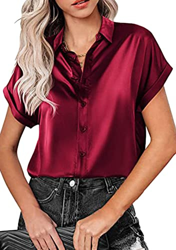 YMING Camisa De Seda De Raso para Mujer Elegante Camisa De Cuello En V con Botones Manga Corta Top Casual De Oficina Vino Tinto M
