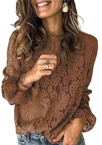ORANDESIGNE Camicia in Pizzo Donna Autunno Camicia Elegante Collo Alto Shirt Pizzo a Manica Lunga Maglietta Formale Camicia Maniche a Sbuffo Casual Leggera Camicetta Lace Blusa B Marrone XL