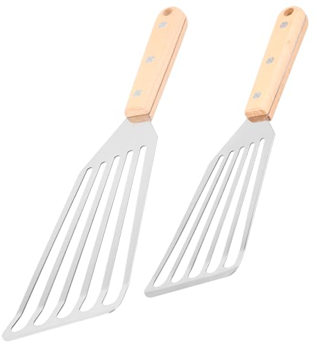 Chstarina 2 Stück Fischspatel Edelstahl, Pfannenwender für Fisch mit Holzgriff, Geschlitzte Fischwender, Pfannenwender für Wenden Fisch Pfannkuchen Fleisch Eiern