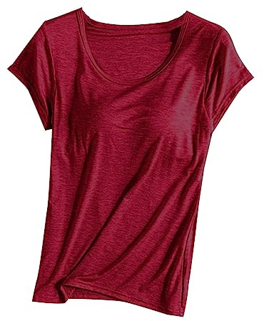 T-shirt à manches courtes pour femme avec soutien-gorge intégré – Hauts rembourrés solides extensibles et confortables à coupe ample pour yoga, athlétisme, gym, sommeil