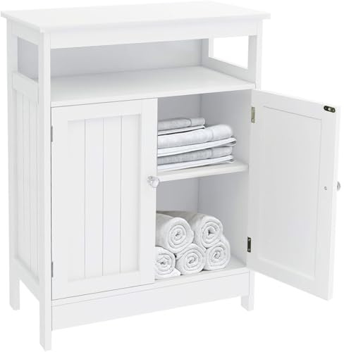 Shally Dogan Armadio da Bagno Autoportante Legno Salvaspazio, Mobile Bianco da Terra con 2 Ante e 2 Ripiani, Mobiletto Bianco con Piano Regolabile per Casa, Cucina, Salone, Salotto, Ingresso, Ufficio