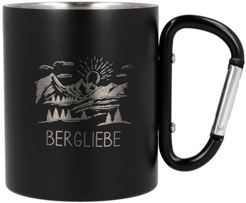 Spruchreif | Edelstahltasse mit Karabinerhaken Henkel mit Gravur „Bergliebe“ in Schwarz Matt | Geschenk für Camper Wanderer Bergsteiger