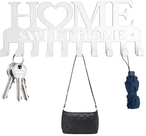 Nretluo Key Holder for Wall, Sweet Home White Metal Self-Adhesive or No-Drill Key Rack Key Holder with 10 Hooks, Keys Hooks Wall Mounted for Entryway, Home, Office & Door Decor