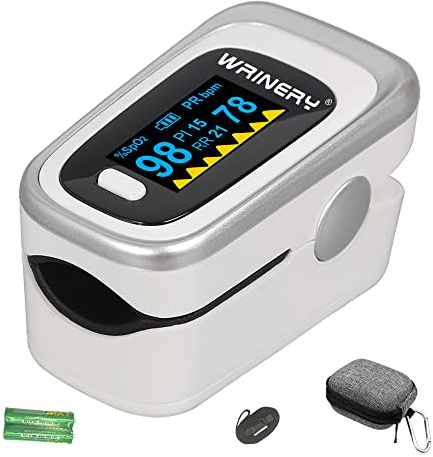 WRINERY Oxygen Saturation Monitor, Pulse Oximeter Fingertip, Oxygen Monitor, O2 Saturation Monitor, OLED Portable Oximetry with Batteries, Lanyard (Silver-White)