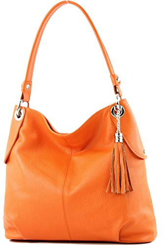 modamoda de T185 Damen Leder Schultertasche Handtasche handmade in Italy, Farbe:Orange