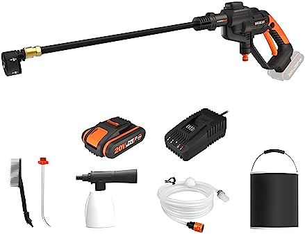 WORX Nettoyeur Haute Pression sans Fil 20V Hydroshot WG620E.2, outil mobile sans raccord d'eau fixe, livré avec 1 Batterie 4Ah et Chargeur, Tuyau, Brosse, Seau, Flacon de Savon, et autres accessoires