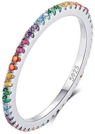 Qings Damen Regenbogen Ewigkeitsringe 925 Sterling Silber CZ stapelbar Verlobungsring Schmuck Geschenk für Frau Mädchen