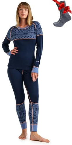 Merino.Tech 100% Vetement Femme Ensemble Laine Merinos + Chaussettes | Sous Couche Merinos Léger, Moyen, Épais, Respirant, Anti-Odeur Naturel, Idéal pour la Randonnée, Ski, Voyage, Non-Irritant