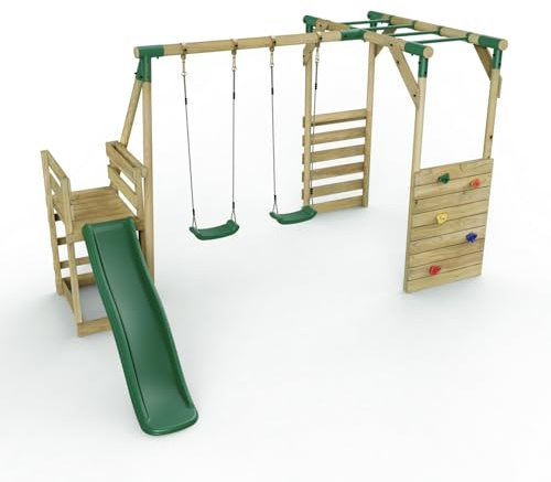 Rebo® Wooden Swing Set with Monkey Bars, Deck and 6ft Slide - Venus Green | OutdoorToys | Kids' Outdoor Wooden Play Equipment for Gardens, Frame and Accessories Included, Weather Resistant