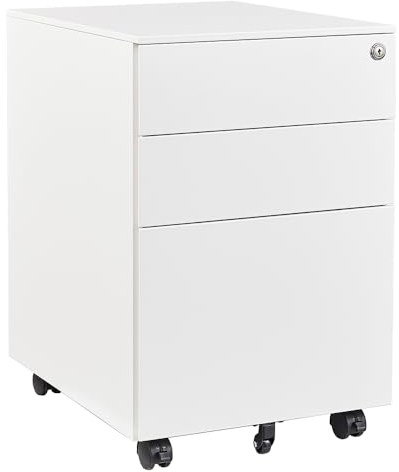 Rollcontainer mit 3 Schubladen Aktenschrank Büroschrank Bürokommode abschließbarer Bürocontainer File Cabinet Beistellcontainer Dokumentenschrank Aufbewahrung von Akten Büroutensilien 39 x 50 x 60 cm