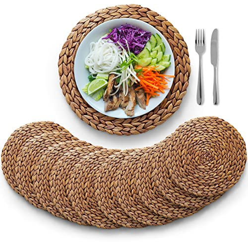 BLUEWEST Woven Placemats, 12 Round Placemats Rattan Placemats, Wicker Water Hyacinth Placemats, Braided Placemats Set, Heat Resistant/Anti-Slip/Durable for Dinner Plate, Dining Table