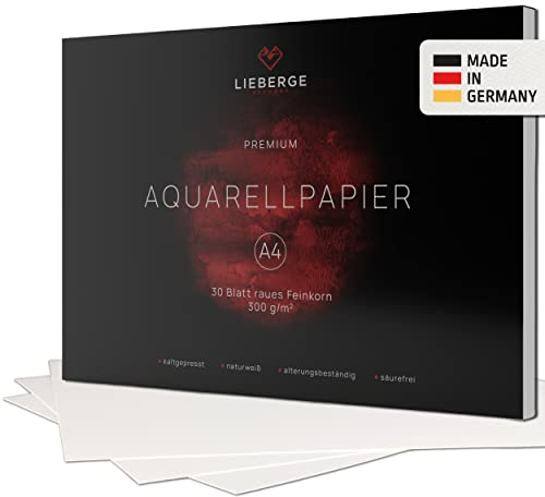 LIEBERGE Premium akvarellpapper A4 300 g – tillverkat i Tyskland – 30 ark akvarellblock limmade – naturligt vitt målpapper för vattenfärger | akvarell papper (DIN-A4 30 ark)