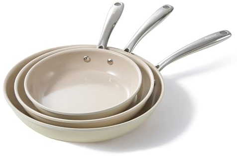 Redchef Nonstick Frying Pans Set, Ceramic Pan Skillet, Non Toxic Pans for Cooking, 8 9.5 11 Ceramic Frying Pan Set PFAS & PTFE & PFOA Free with Stay Cool Handle, Dishwasher & Oven Safe, Beige White