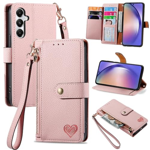 VEEMOS Handyhülle für Samsung Galaxy A55 5G Hülle Klappbar Klapphülle Schutzhülle mit Kartenfach RFID Reißverschluss Handy Tasche Leder Flip Case Cover Handytasche Frauen - Rosa