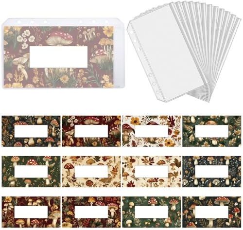 craspire 12 enveloppe de Classeur A6 avec Étiquettes Autocollantes Pochettes à Fermeture Éclair à 6 Trous Pochettes de Suivi d'argent à Thème Champignon Pochettes de Protection pour Feuille de Budget