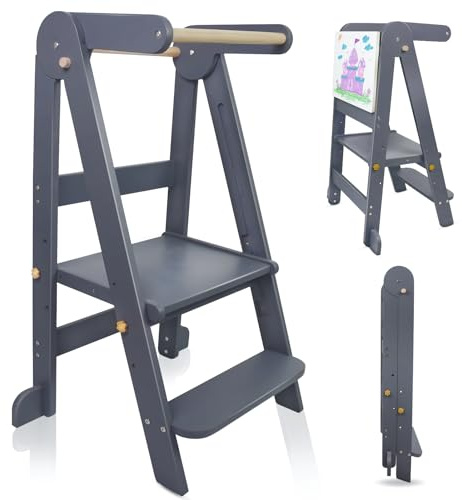 Uuoeebb Foldable Learning Tower, Wooden Step Stool for Kids with 3 Adjustable Height, Kitchen Folding Learning Tower for Child with Magnetic Whiteboards 1-6 Years Children Stool