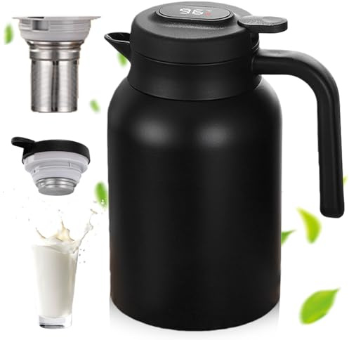 Termoskanna 2 l, tetermos med temperaturdisplay, kaffekanna termos av dubbelväggigt rostfritt stål, vakuumkanna med tefilter i rostfritt stål, tekanna termo för hemmakontor hotell, svart