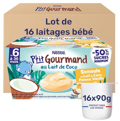 Nestlé - P’tit Gourmand Semoule Lait de Coco Pomme Vanille - Crème Dessert Gourmande pour Bébé 6 Mois+ - Alimentation Bébé - Aternative Végétale - Moins Sucré - Sans Colorant ni Conservateur