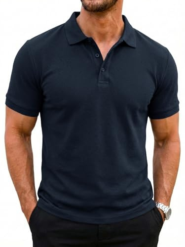 Runcati Polo da uomo, a maniche corte, estiva, da uomo, in tinta unita, per golf, sport, basic, vestibilità normale, polo, Blu scuro, XL