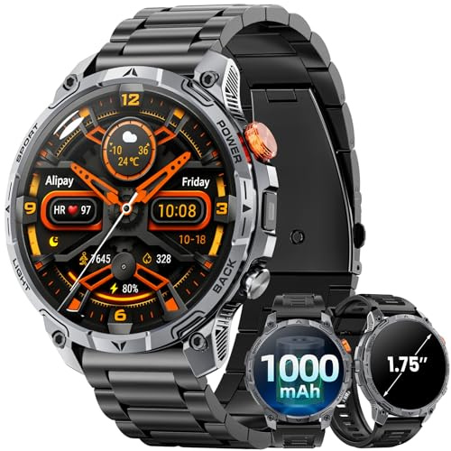 Haulvean Militares Reloj Inteligente Hombre, 1000 mAh Smartwatch, Dos Correas, Pantalla HD 1,75, Linterna LED, 100＋Modos Deportivos, Salud Monitorizada, Llamadas Bluetooth para iOS Android (Negro)