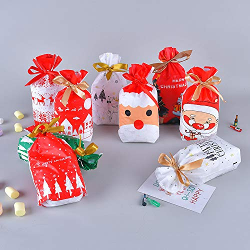 Gshy Christmas Candy Bag Christmas Design Gift Bag with Rope for Sweets, Biscuits, Nuts, Chocolates, Christmas Gifts, Weddings, Birthdays, 15 x 23.5 cm, Random Style 50 Pieces