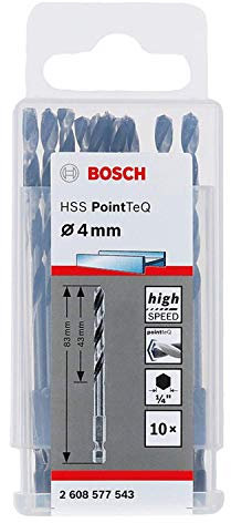 Bosch Professional Set de 10 brocas de vástago hexagonal PointTeQ, para metal, diámetro: 4 mm, vástago hexagonal de ¼, accesorios para taladro de impacto y taladro atornillador