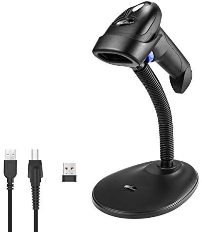 NetumScan Lettore Codici a Barre - Barcode Scanner Wireless Senza Fili 2.4Ghz USB 1D, Compatibile con PC, Legge Codici Riviste Giornali, Supporto Incluso NSL6S