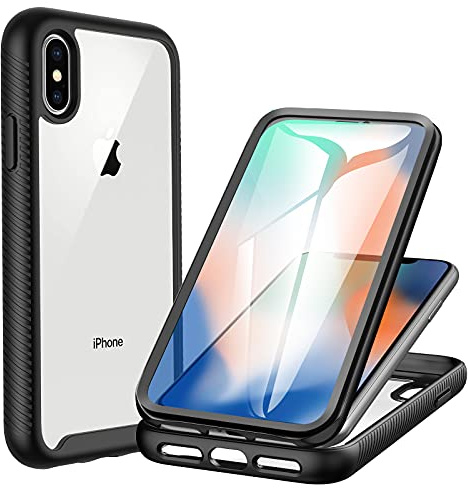 CENHUFO Cover iPhone X, Cover iPhone XS Antiurto 360 Gradi con Protezione dello Schermo Integrata Rugged Doppia Faccia Bumper Trasparente Full Case Fronte Retro Custodia per iPhone X/XS/10 - Nero