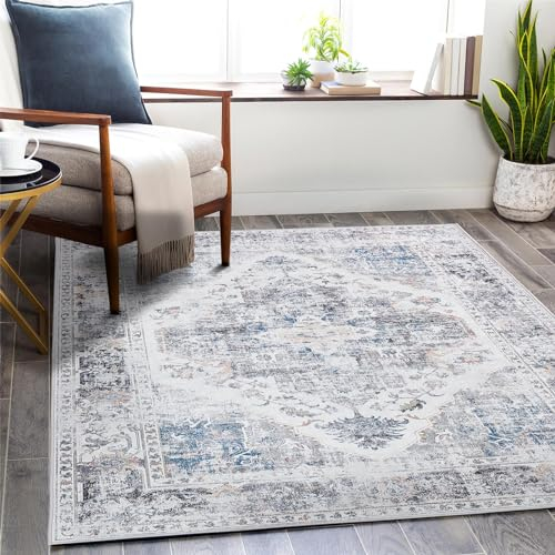 TOPICK Teppich Fußmatte Waschbar Fussmatte Innen Grau Vintage Blume Orientalischer Dünner Faltbar Türmatte Abtreter rutschfest Teppich für Haustür Eingangs Küche Patio Flur Schlafzimmer 90x150cm