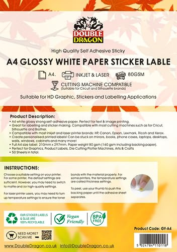 Double Dragon Lot de 50 feuilles d'étiquettes autocollantes A4 blanches brillantes imprimables pour imprimante laser – 1 étiquette par feuille, étiquettes d'adresse et d'expédition autocollantes