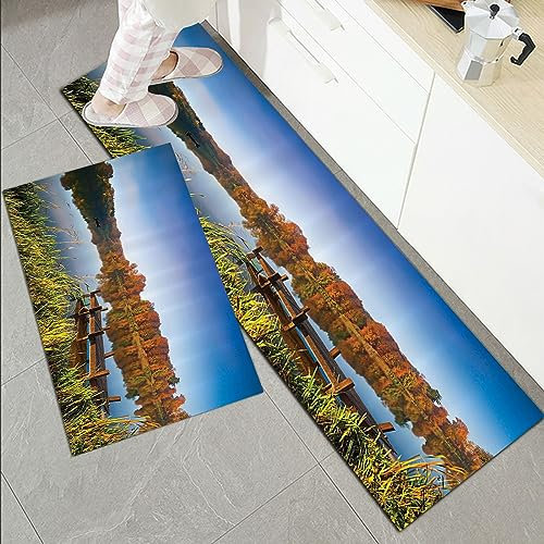 Set di 2 tappetini da Cucina Antiscivolo e tappeti,Paesaggio, vista sul lago, campagna di pesca a tema con alberi e canne lungh,Con Retro in Gomma, Resistente, Lavabile in Lavatrice 45x70 cm+45x120 cm