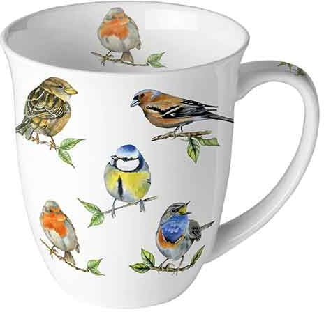 Ambiente porslinskopp ca. 400 ml mugg benporslin mugg för te eller kaffe blommig tidig burk fåglar möter fågelspecies vit
