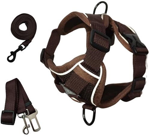 Pettorina per cani con linee riflettenti, anti-tiraggio, per cani di piccola taglia, con guinzaglio e cintura di sicurezza per auto, comoda e sicura, ad alta visibilità (marrone, XL)