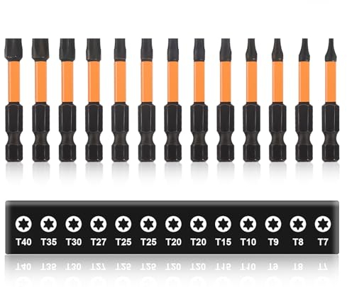 13 Stück Torx Bit Set, 50mm Lang S2 Schlagschrauber Bitsatz, 1/4Torx Schraubendreher Bits Set Lang Magnetisch Bit Set für Akkuschrauber (T7/8/9/10/15/20/20/25/25/27/30/35/40)