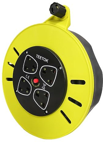 Extension Lead 10m Heavy Duty Cable Reel, 4 Socket Cord Reel UK Plug Socket with Thermal Cut-Out Protection 13A Fused Plug, Yellow