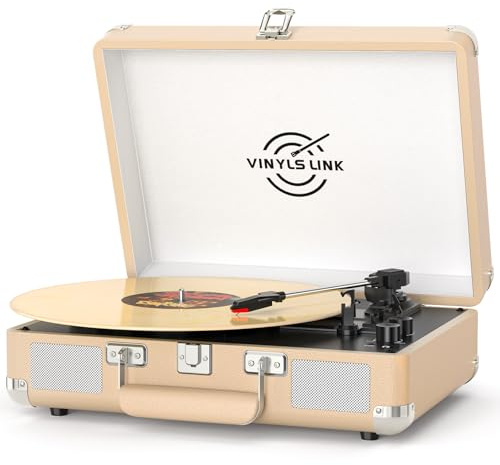 Vinyl Record Player Bluetooth with Treble & Bass Gain Vintage Portable Suitcase Turntable LP Player with Built-in Speakers, 33 45 78 RPM, Belt Drive, Auto Stop, RCA/AUX/Headphone Jack