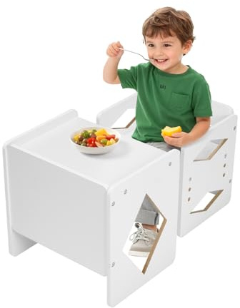 VEVOR Set Tavolo e Sedia per lo Svezzamento, Set Tavolo e Sedia in Legno per Bambini 392 x 300 x 381 mm, Seggiola Regolabile Altezza 345 mm, Sgabello Tavolo per Leggere, Mangiare, Bianco